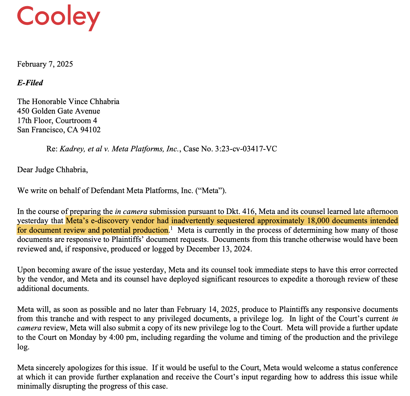 From bad to worse: Meta belatedly finds 18,000 Meta documents missed in its discovery review.  Oh boy.